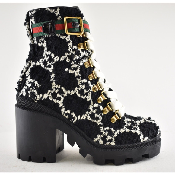 Gucci Black White GG Logo Tweed Lace Up Tie Block Heel Lug Sole Combat Boot 36.5 - Picture 2 of 16